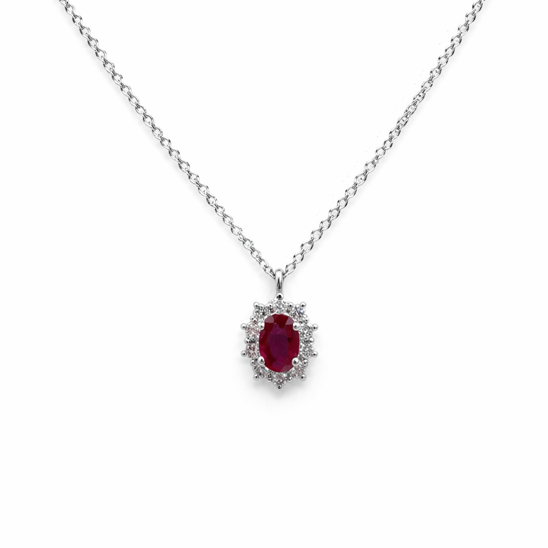 Collana Donna Oro Bianco Diamanti e Rubino Ovale