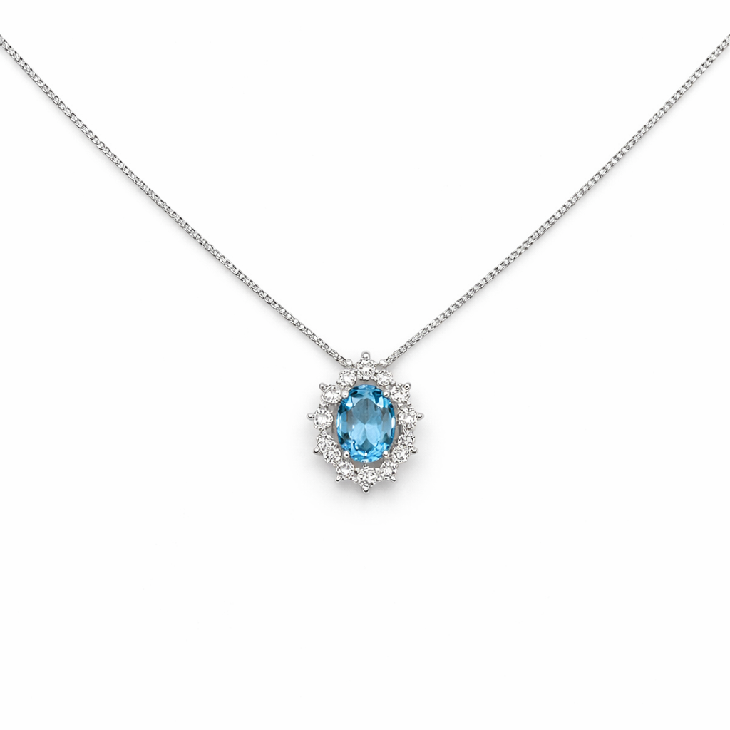 Collana Donna Acquamarina Ovale Oro Bianco Contorno Diamanti