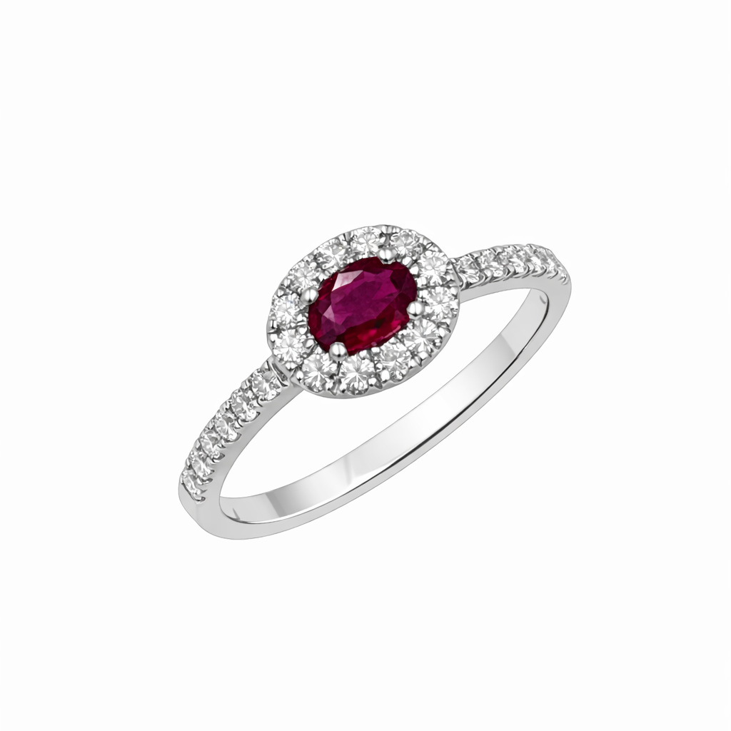 Anello Donna Oro Bianco Diamanti e Rubino Ovale