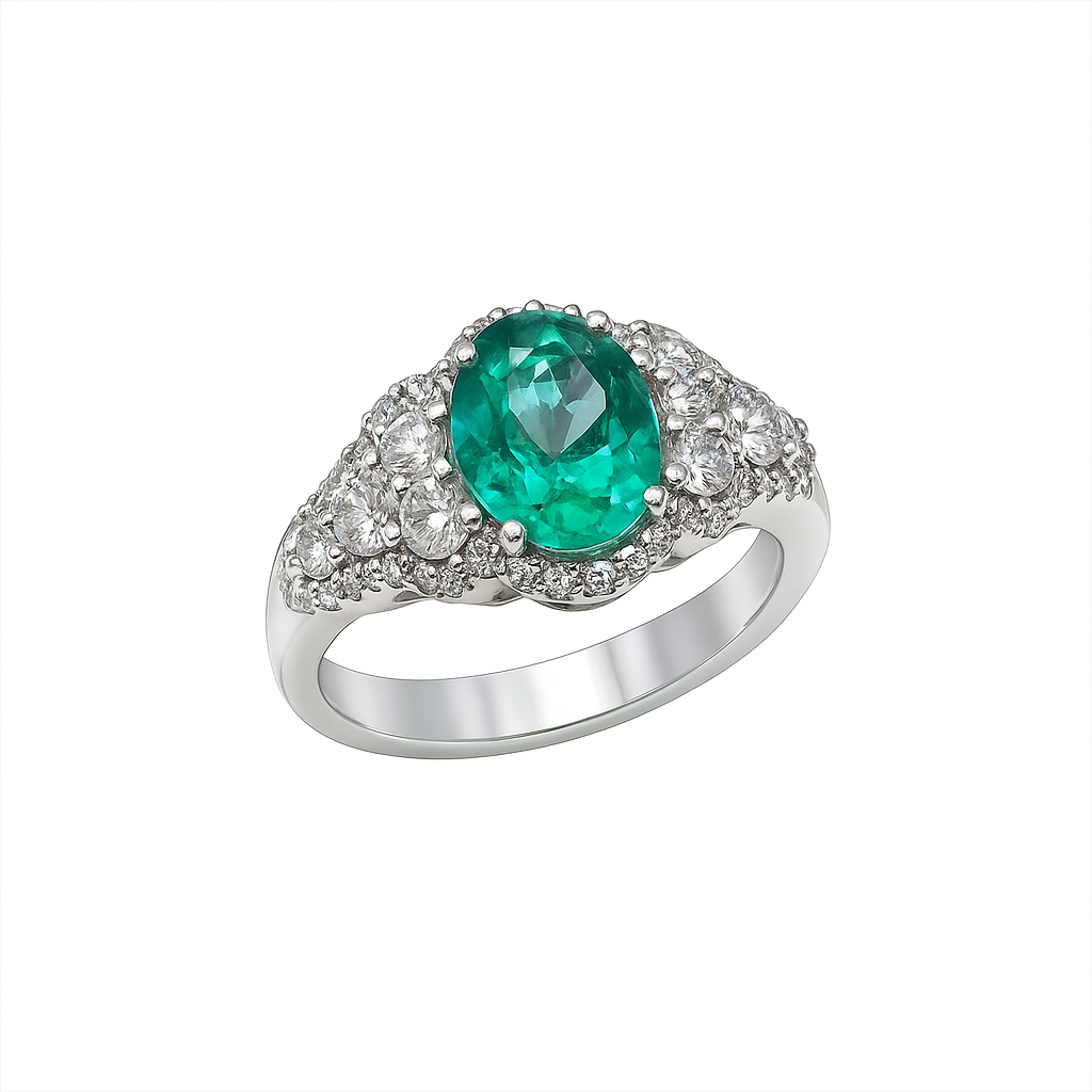 Anello Fantasia Oro Bianco Diamanti Smeraldo