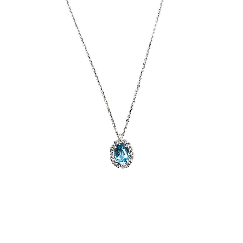 Collana Donna Acquamarina Ovale Oro Bianco Contorno Diamanti