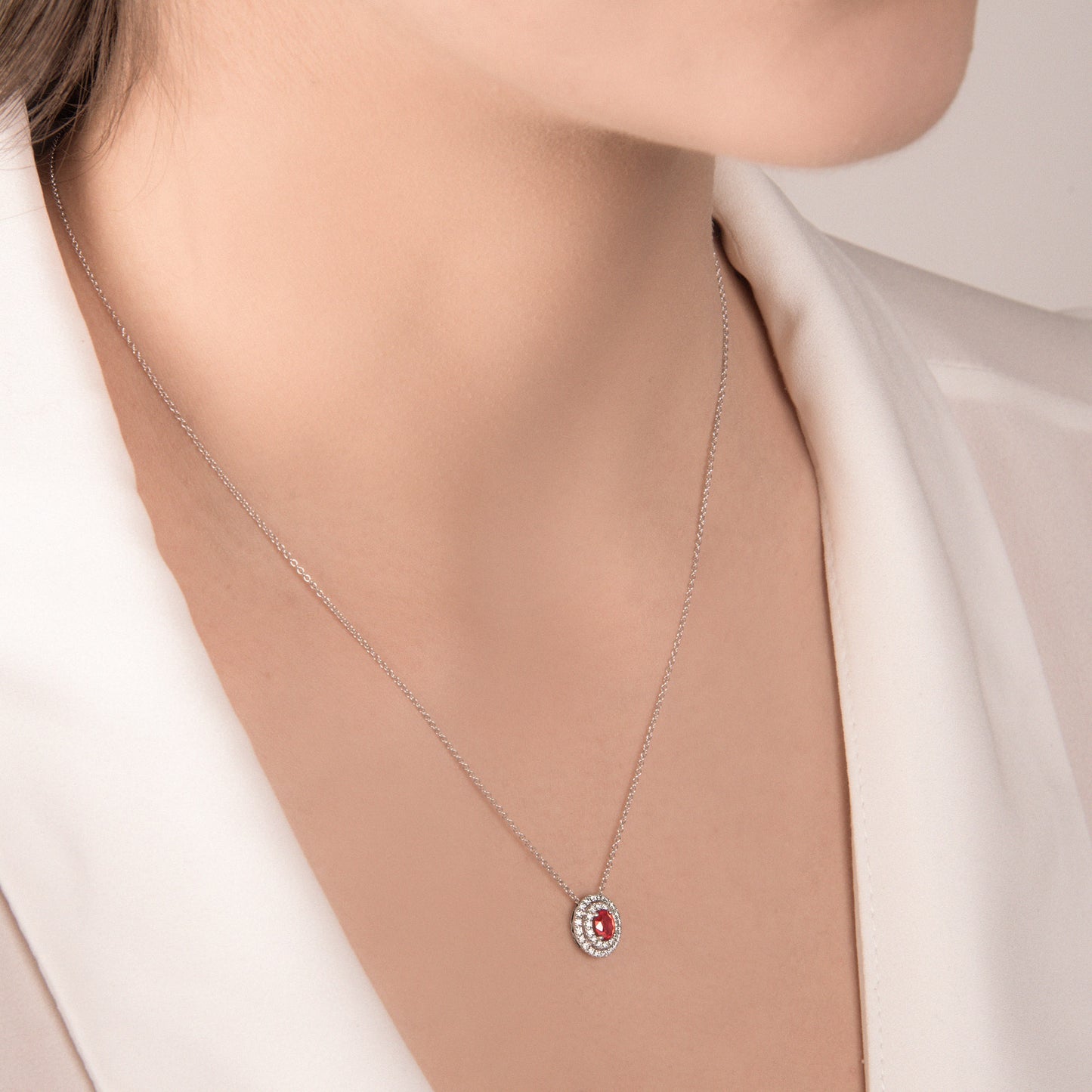 Collana Donna Mirco Visconti Oro Bianco Diamanti Rubino Ovale Doppio Contorno