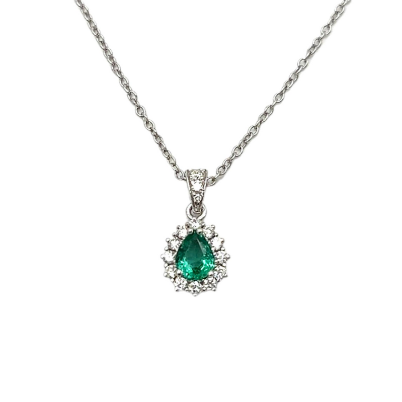 Collana Donna Oro Bianco Smeraldo Goccia Diamanti