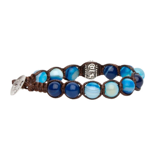Bracciale Donna Uomo Tamashii Agata Blu Striata Ruota della Preghiera Pietre Dure