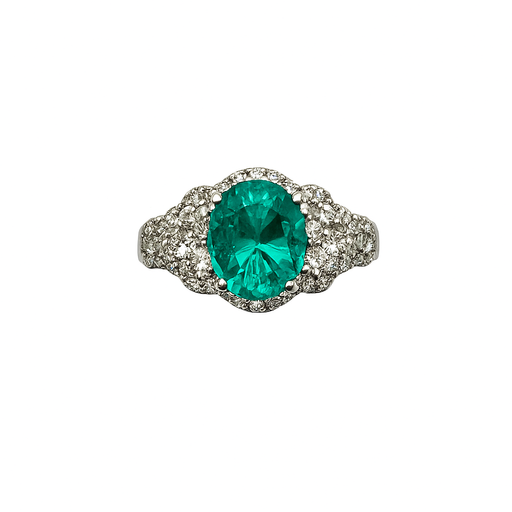 Anello Oro Bianco Diamanti Smeraldo