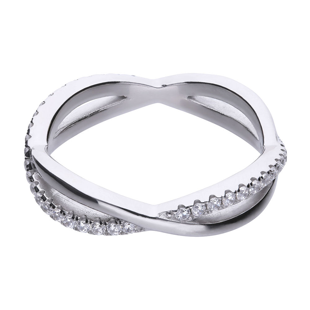anello diamonfire in argento lega palladio con foglia di platino e copertura finale di rodio. intreccio con zirconi bianchi e argento lucidato a specchio.