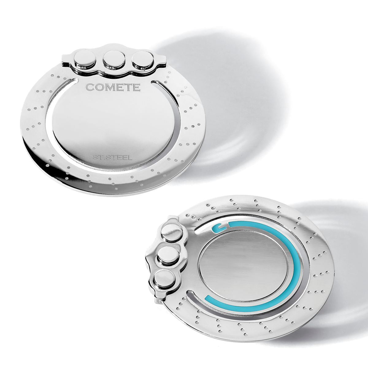 Fermasoldi in acciaio Comete collezione Casco Azzurro, rotondo; dettagli con smalto azzurro. Visuale fronte e retro.