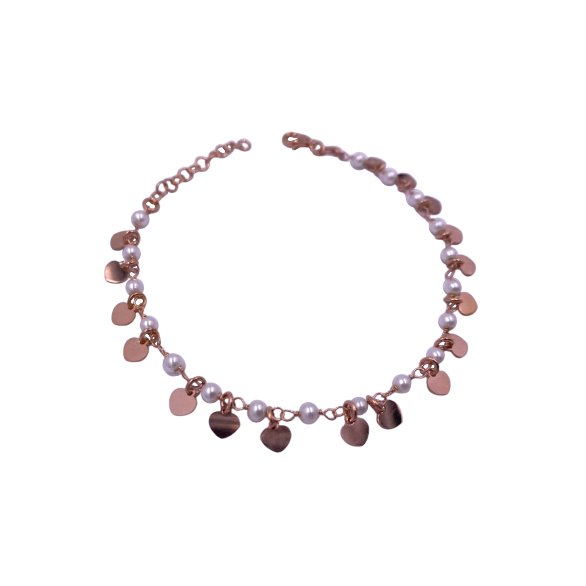 bracciale da donna con tanti cuori pendenti e perle bianche. modello infilatura a rosario con rilegatura. argento 925/1000 placcato in oro rosa. chiusura regolabile da 17 a 20,5 cm. moschettone.