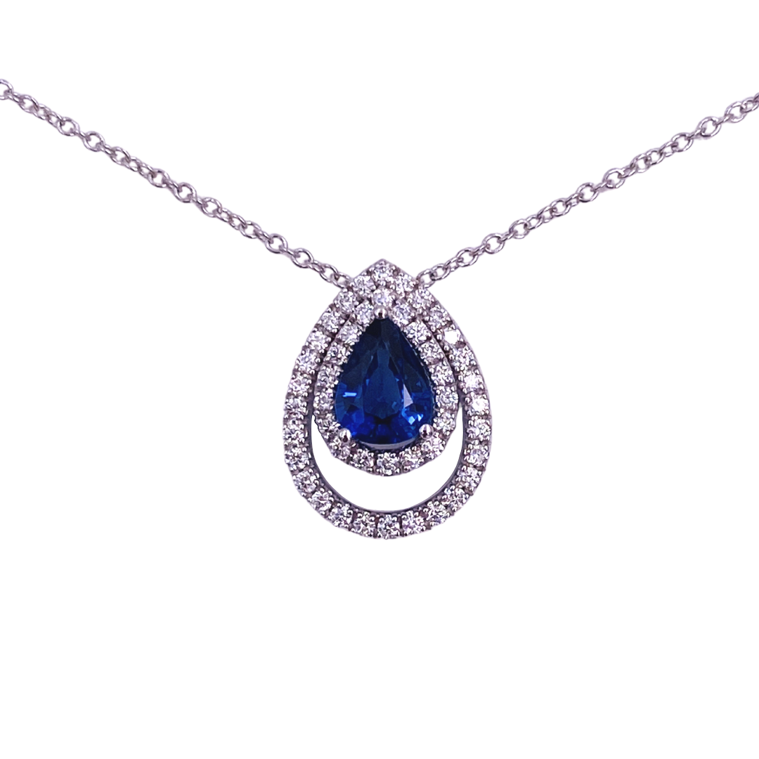 collana zaffiro e diamanti oro bianco 18 carati mirco visconti pendente a goccia. Visuale particolare pendente