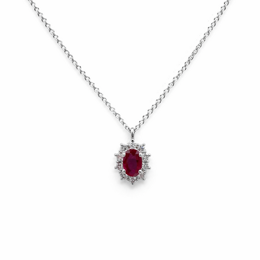 Collana Donna Oro Bianco Diamanti e Rubino Ovale