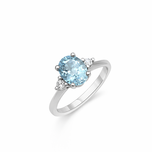 Anello Oro Bianco Diamanti e Acquamarina Ovale