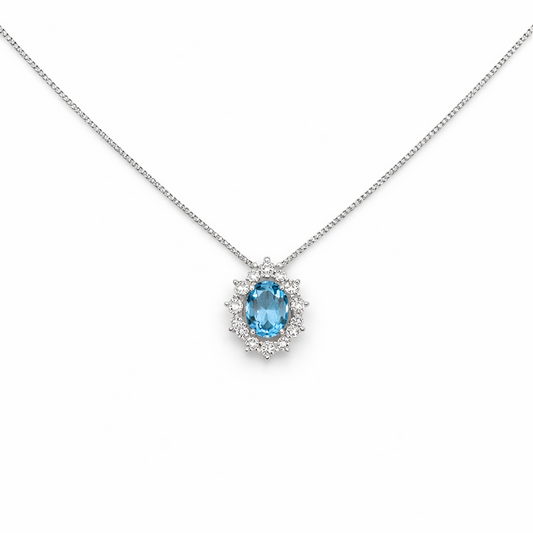 Collana Donna Acquamarina Ovale Oro Bianco Contorno Diamanti