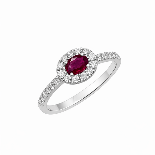 Anello Donna Oro Bianco Diamanti e Rubino Ovale
