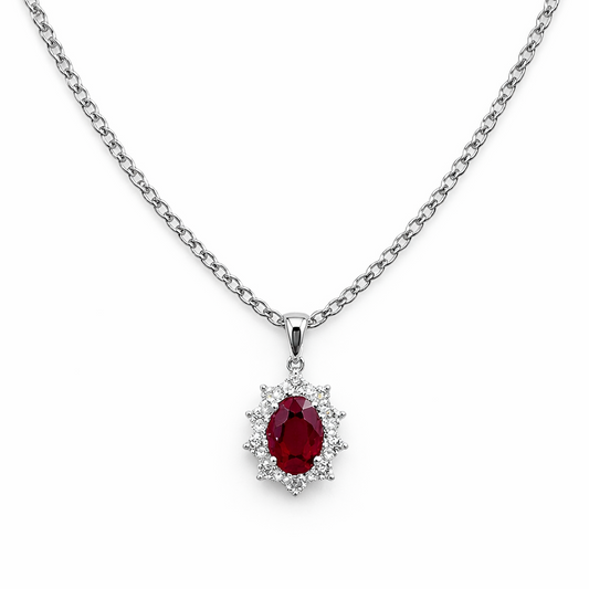 Collana Donna Oro Bianco Diamanti e Rubino Ovale