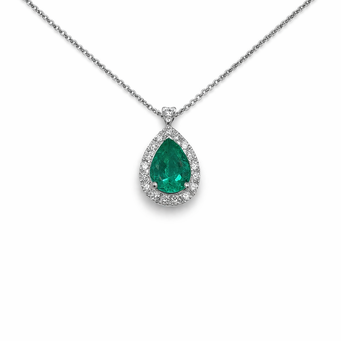 Collana Donna Oro Bianco Smeraldo Goccia Diamanti