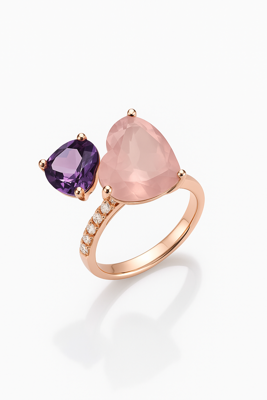 Anello Donna Semiprezioso oro rosa quarzo rosa e ametista