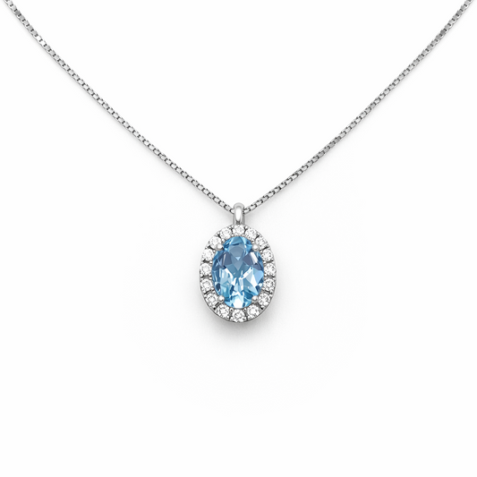 Collana Donna Acquamarina Ovale Oro Bianco Contorno Diamanti