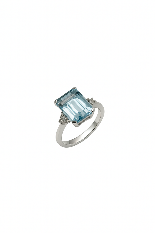 Anello Mirco Visconti Oro Bianco Diamanti e Acquamarina rettangolare