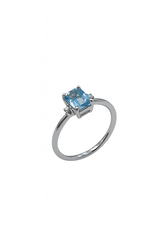 Anello Oro Bianco e Acquamarina rettangolare