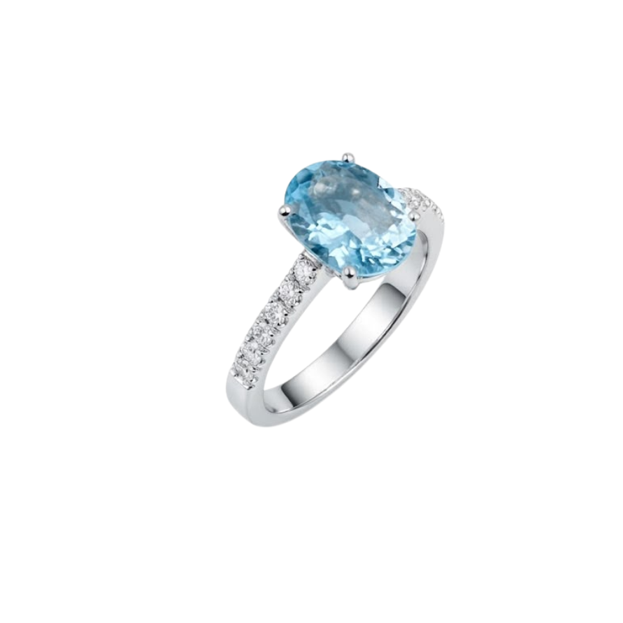 Anello Oro Bianco Diamanti e Acquamarina Ovale