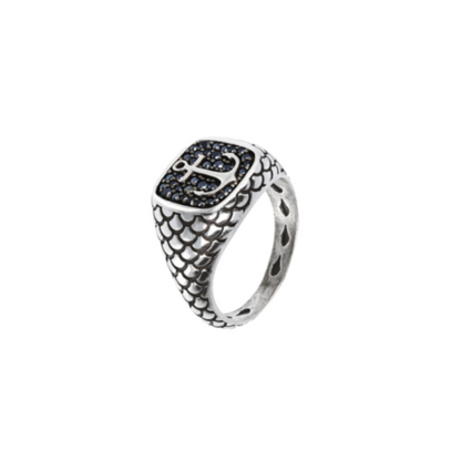 Anello Uomo Albert M Argento Chevalier Texture Sirena Pavè Spinello Nero Ancora