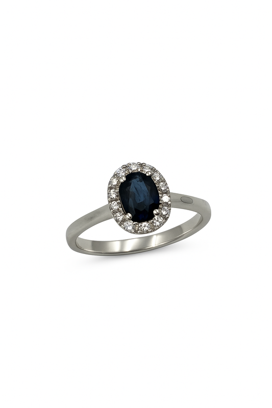 Anello Oro Bianco Zaffiro e Diamanti