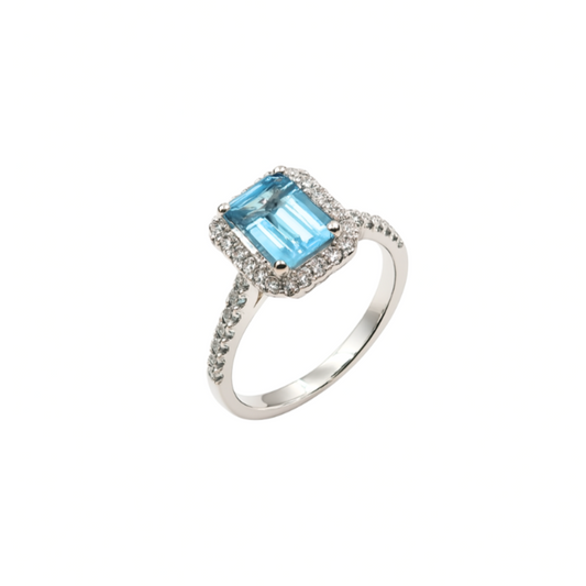 Anello Oro Bianco Diamanti e Acquamarina taglio rettangolare