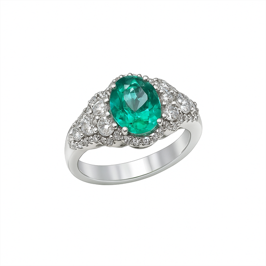 Anello Fantasia Oro Bianco Diamanti Smeraldo