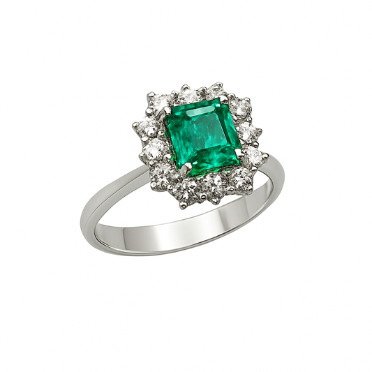 Anello Oro Bianco Diamanti Smeraldo Quadrato