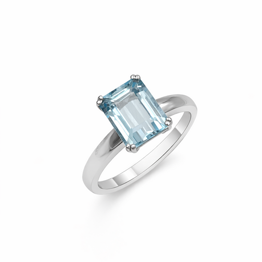 Anello Oro Bianco e Acquamarina rettangolare