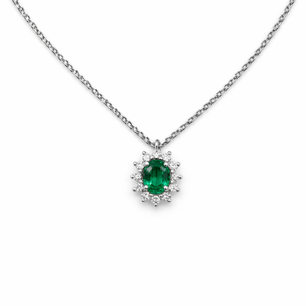 Collana Donna Oro Bianco Smeraldo Ovale e Diamanti