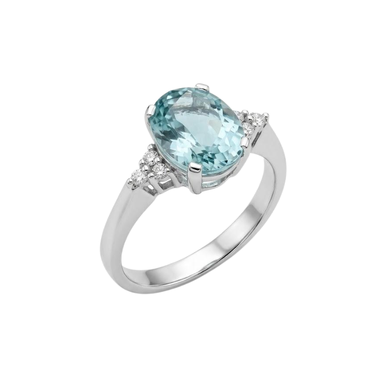 Anello Oro Bianco Diamanti e Acquamarina Ovale Ct. 2,18