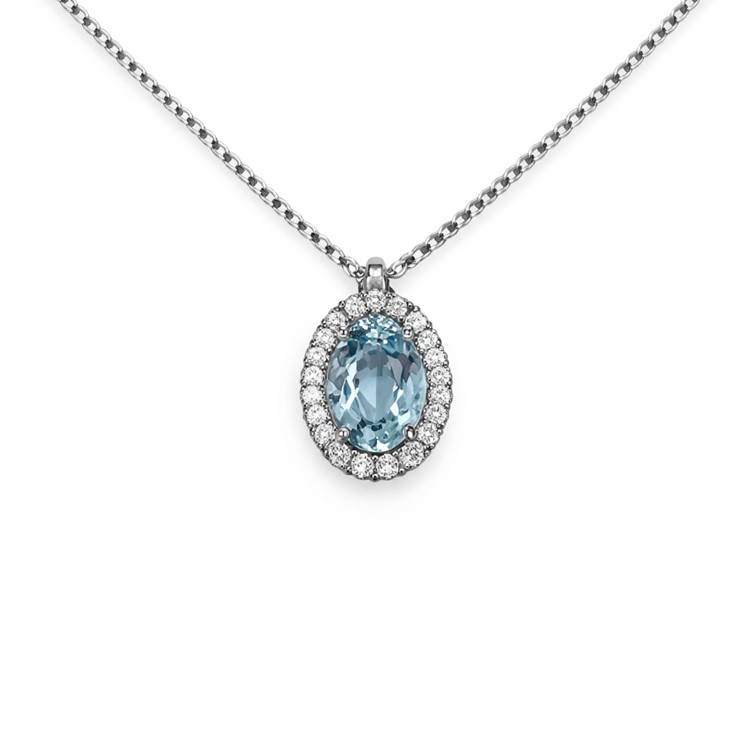 Collana Donna Acquamarina Ovale Oro Bianco Contorno Diamanti