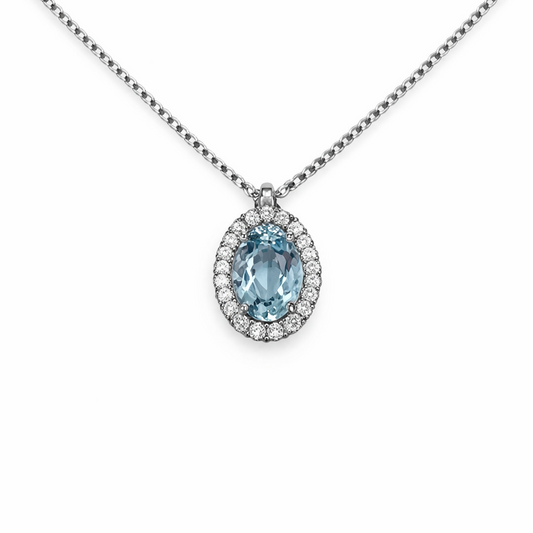Collana Donna Acquamarina Ovale Oro Bianco Contorno Diamanti