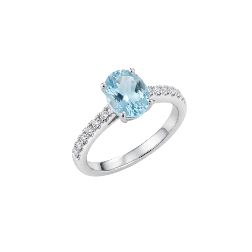 Anello Oro Bianco Diamanti e Acquamarina Ovale