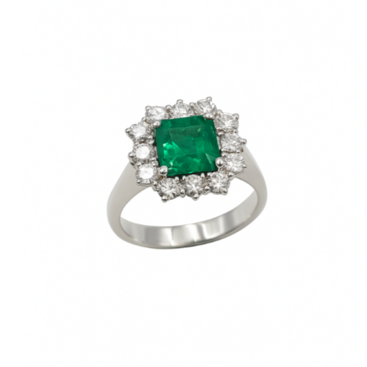 Anello Oro Bianco Diamanti Smeraldo Quadrato