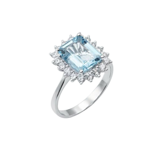 Anello Oro Bianco Diamanti Acquamarina Ct.1,74