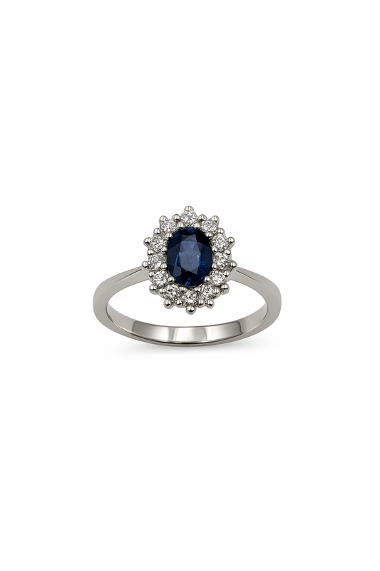 Anello Oro Bianco Zaffiro e Diamanti
