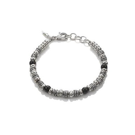 bracciale raspini uomo donna unisex con onice nera a sfere elementi in argento 925 a ciambellina e fantasia argento brunito con ciusura a moschettone e cornetto portafortuna iconico sulla chiusura regolabile