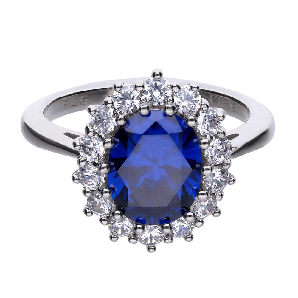anello diamonfire argento 925 palladio platino rodio. anello in stile classico on zirconi bianchi e zircone blu centrale.