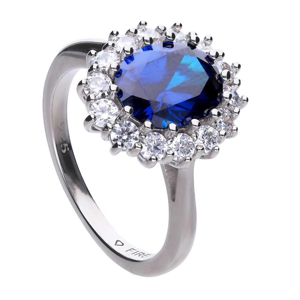 anello diamonfire argento 925 palladio platino rodio. anello in stile classico on zirconi bianchi e zircone blu centrale.