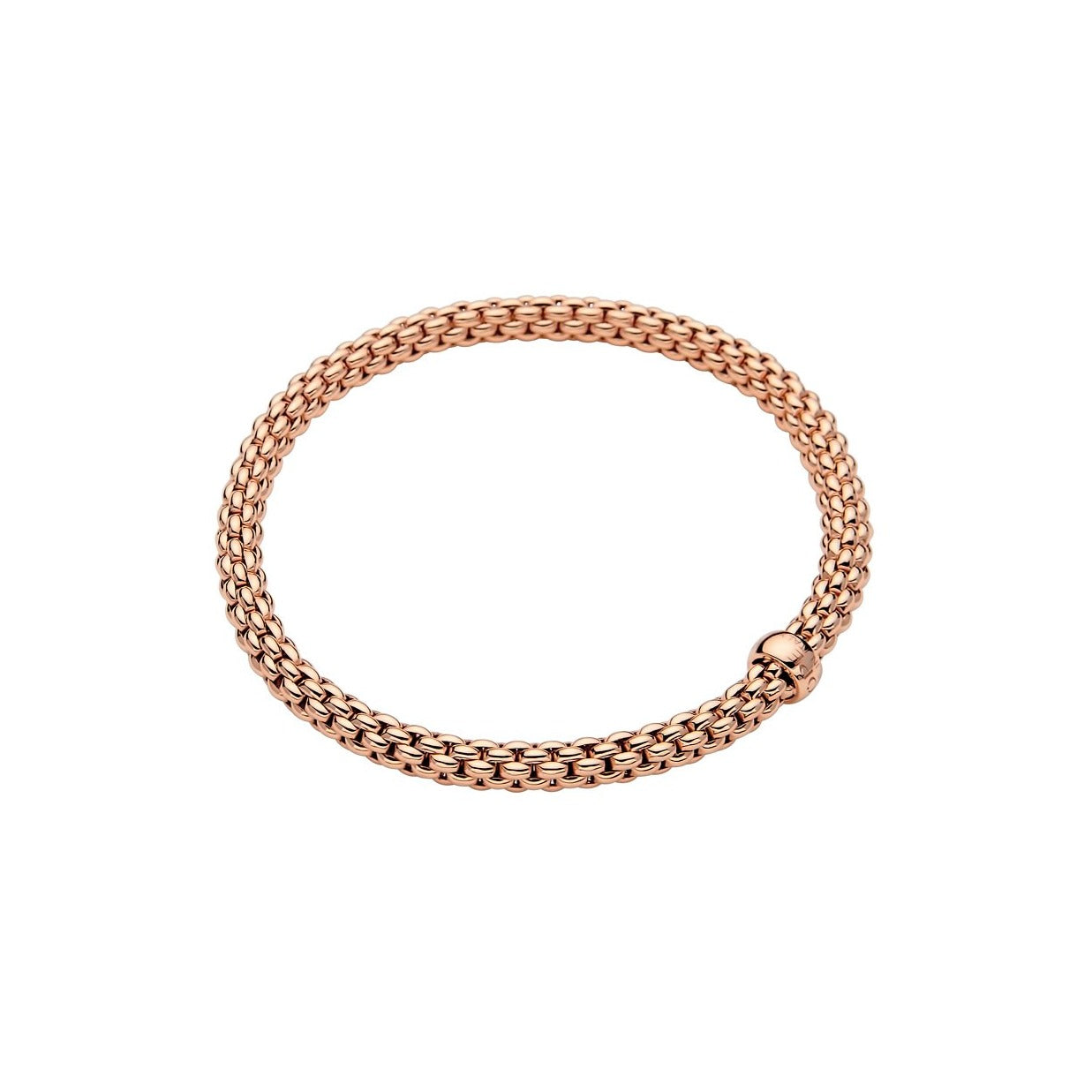 bracciale da donna oro giallo 18 carati FOPE brevetto flexit maglia novecento iconica. bracciale elastico fatto interamente solamente in oro. oro rosa. presente una rondella in oro lucidata a specchio, liscia, con marchio FOPE