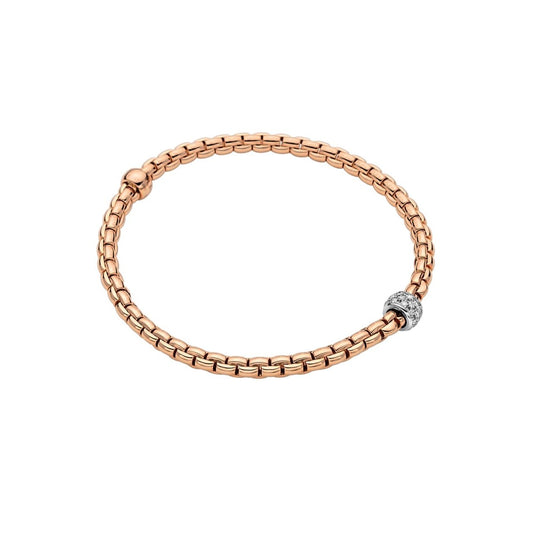 bracciale donna FOPE oro rosa brevetto flexit bracciale elastico fatto interamente in oro. il bracciale ha una rondella in oro rosa lucidato a specchio con marchio FOPE e rondella in con incastonati diamanti bianchi taglio brillante a pavé