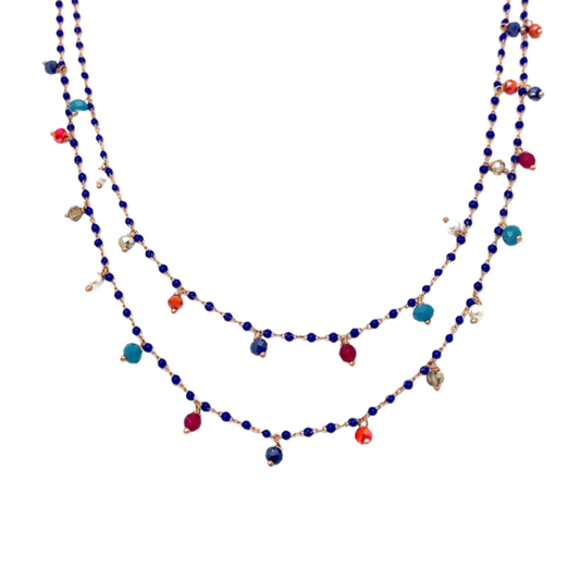Collana Donna Argento Ramato Smalti Blu Cristalli Multicolor