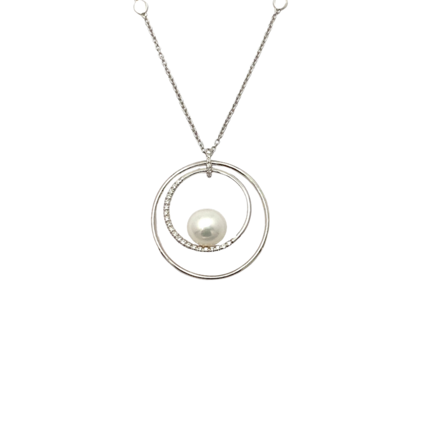 Collana Donna Perla Cerchio Oro Bianco e Diamanti
