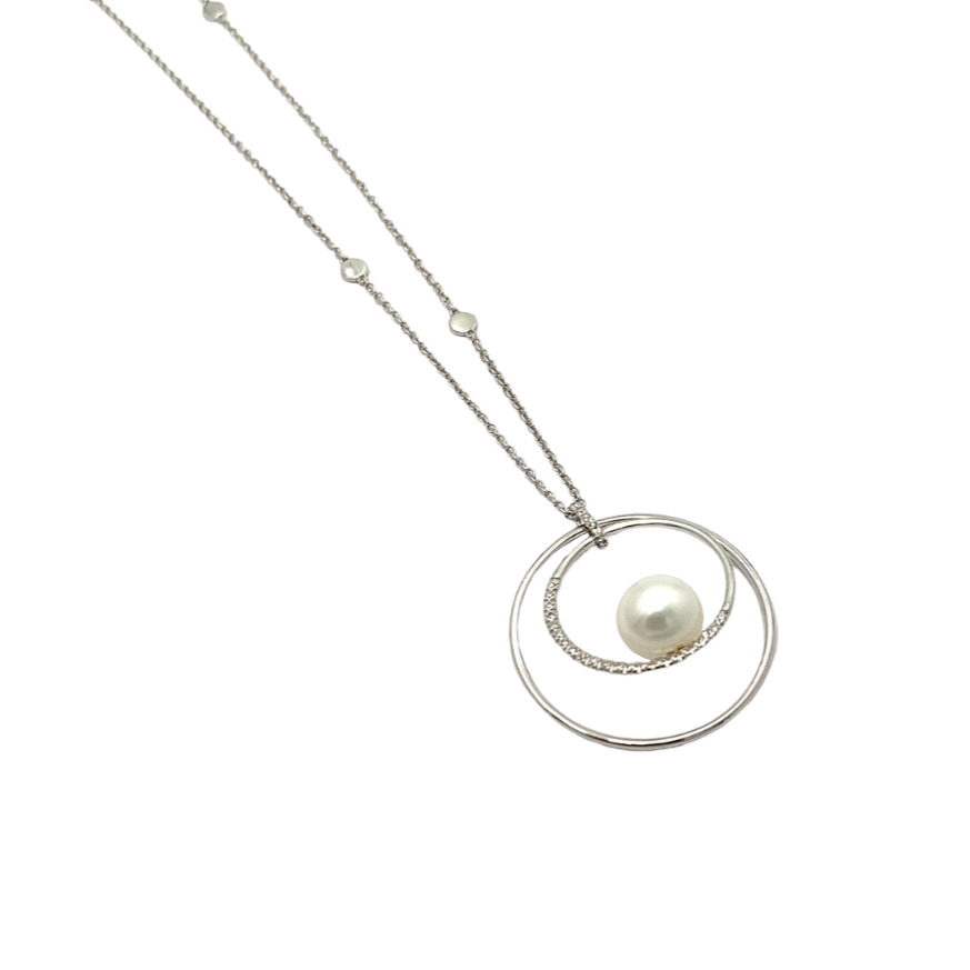 Collana Donna Perla Cerchio Oro Bianco e Diamanti