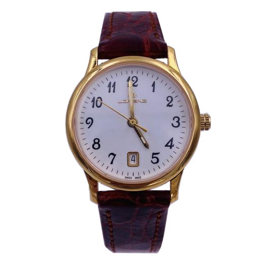 orologio donna Lorenz con cassa in oro giallo 18 carati e cinturino in pelle marrone. Visuale frontale.