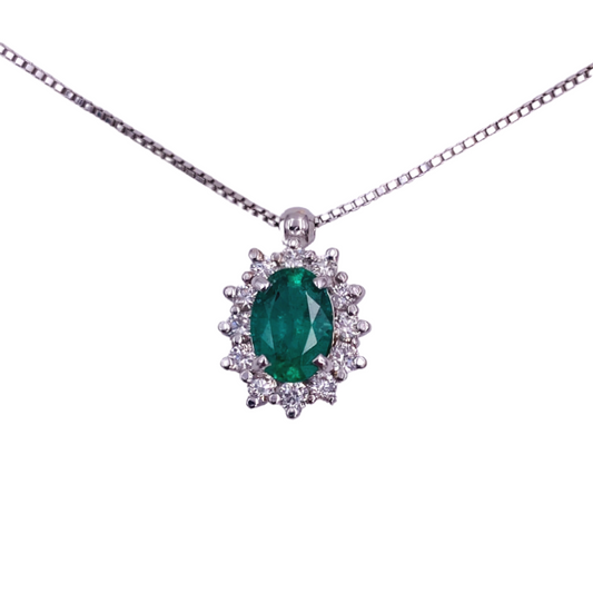 collana donna smeraldo colombia diamanti pavé oro bianco 18 carati modello rosetta rosone margherita classico