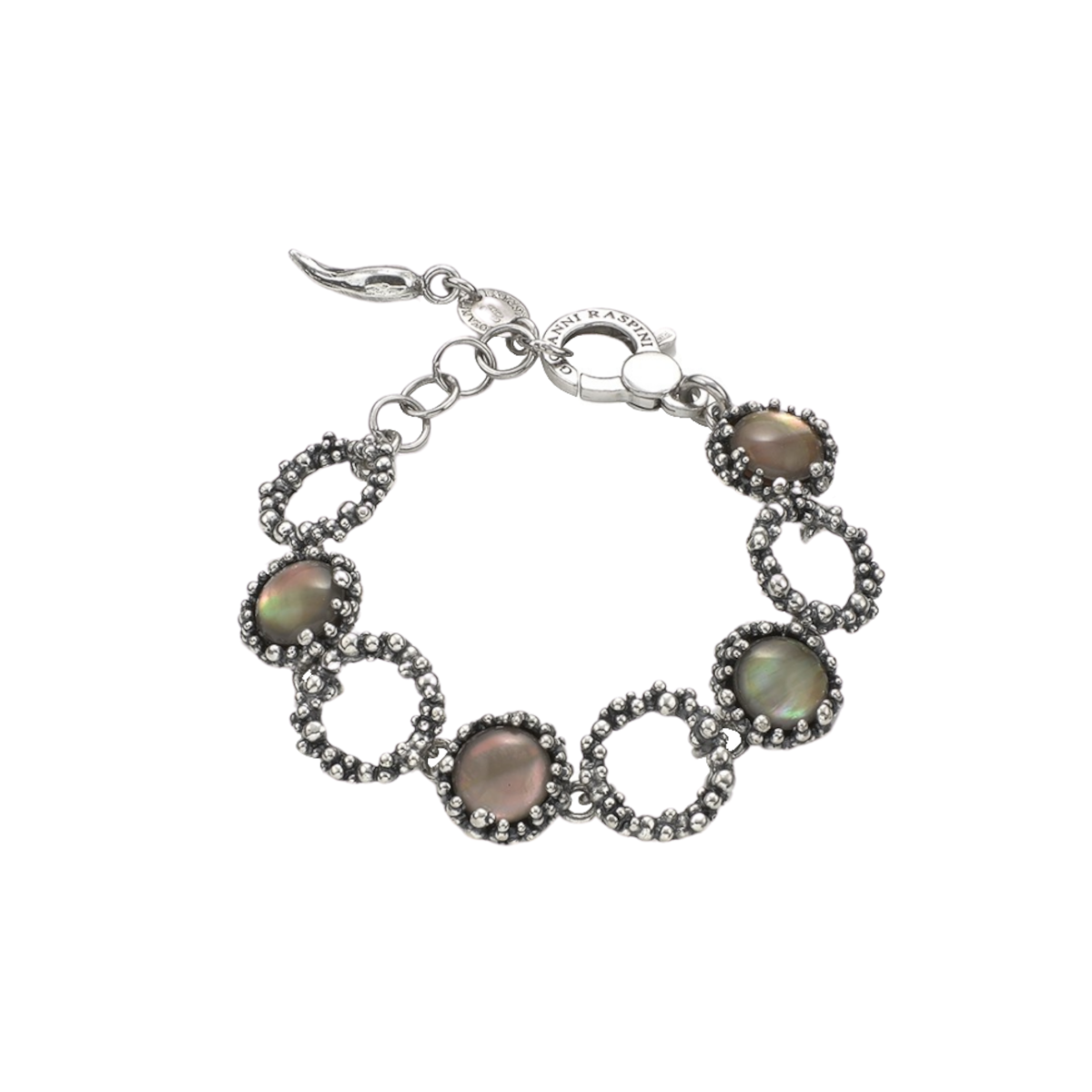 bracciale donna argento palline bollicine champagne argento brunito con cornetto portafortuna. Bracciale Giovanni Raspini collezione Maui con quarzo idrotermale e toni verdi grigi rosa. Bracciale a cerchi con bollicine brunite e pietre naturali.