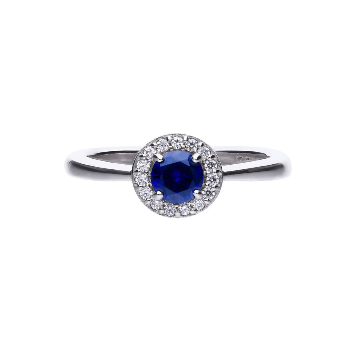 anello donna con pavè di pietre bianche zirconi e pietra centrale zircone blu. anello in stile classico in argento 925 con copertura platino e rodiatura.